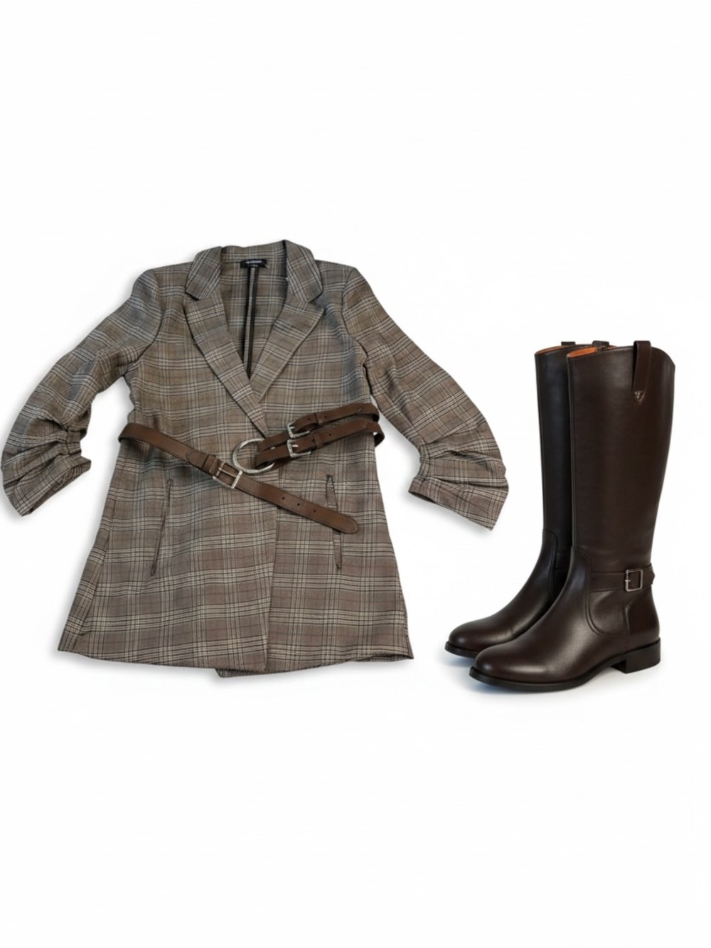 Studio Brown Plaid 3/4 Sleeve Ruched Blazer Sm Med Lg - Picture 7 of 16